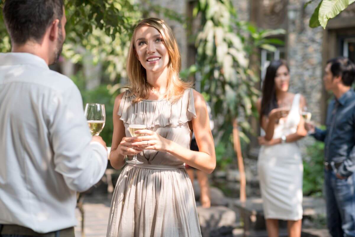 wedding guests talking